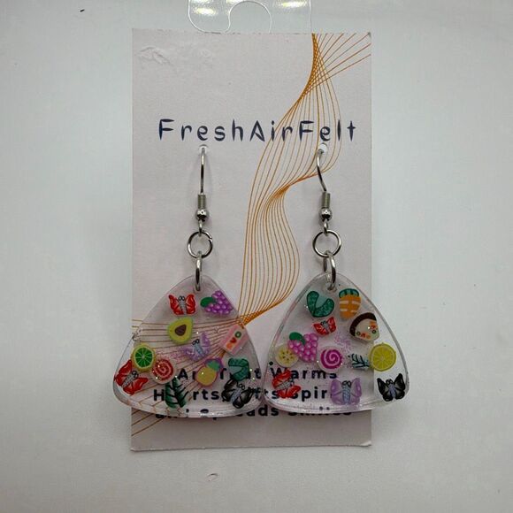 Hand Crafted Jewelry - Fruit & butterfly sparkle Unique hand crafted Resin Stainless drop steel earring